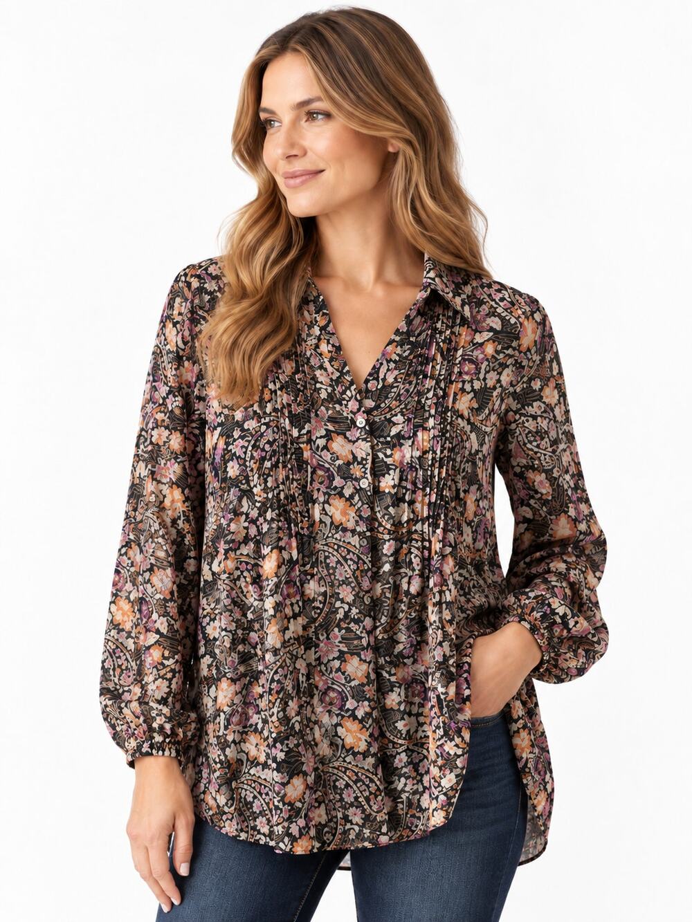 Jane & Delancey Floral Women's Blouse Tunic Long Sleeve Paisley Pleated front